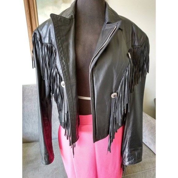 Womans Black Leather Biker Motorcycle Jacket Sz Med Excellent Vtg Fringe Short - Picture 2 of 9